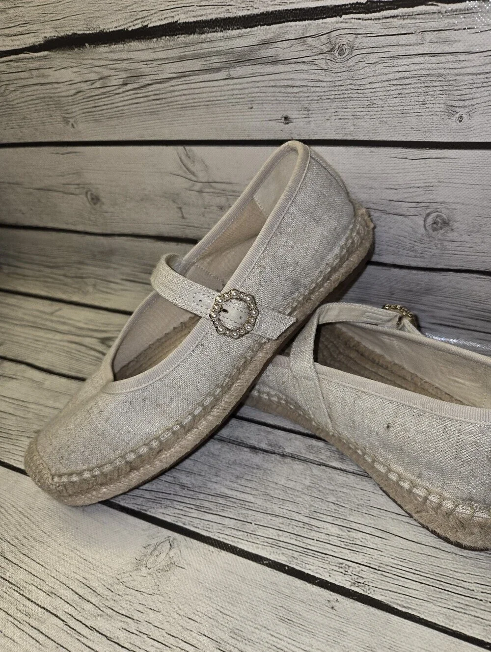 J. Crew Espadrille Mary Jane Flats 8 New Linen organic cork cotton garden